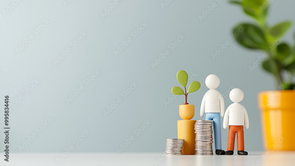 Small figures, a plant, and stacks of coins. Small figures, a plant, and stacks of coins.