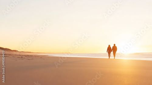 Soft-focus image of a couple walking along a beach at sunset, warm colors and a peaceful ambiance, perfect for travel or wellness promotions.