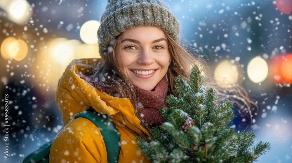 Woman with Christmas Tree on Snowy Street, Enjoying Festive Atmosphere and Winter Magic Woman with Christmas Tree on Snowy Street, Enjoying Festive Atmosphere and Winter Magic