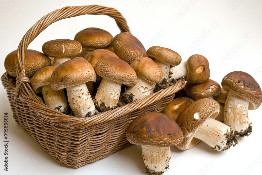 mushrooms in the basket , isolated on white background, , copy space for text, mushrooms in the basket , isolated on white background, , copy space for text,