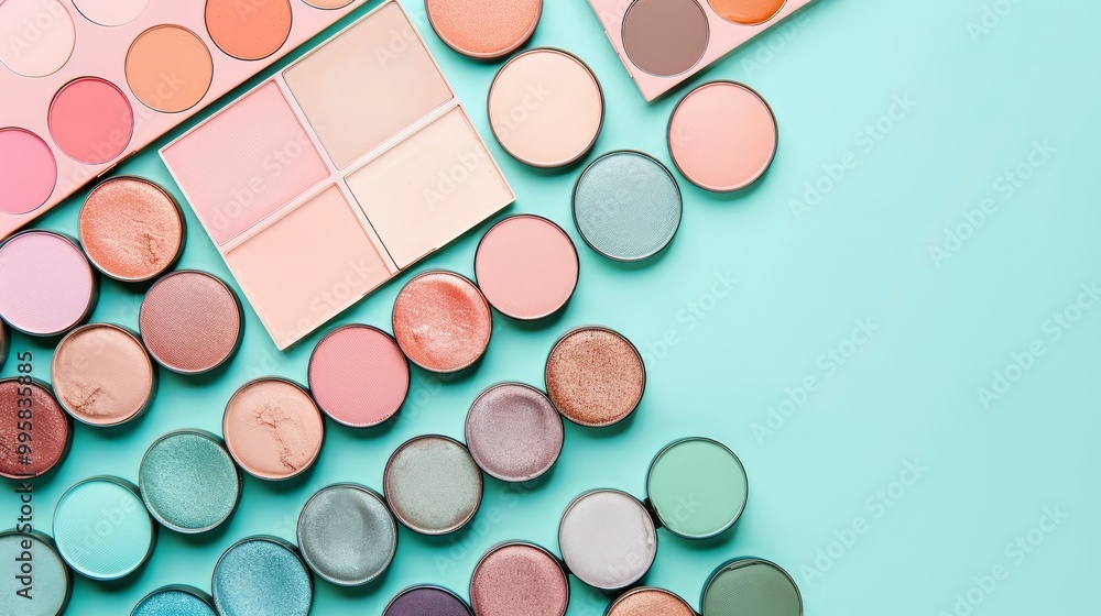 The background includes eyeshadow palettes on pastel background The background includes eyeshadow palettes on pastel background