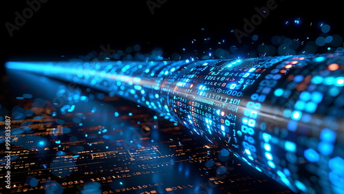 A long, blue digital pipe full of moving data.