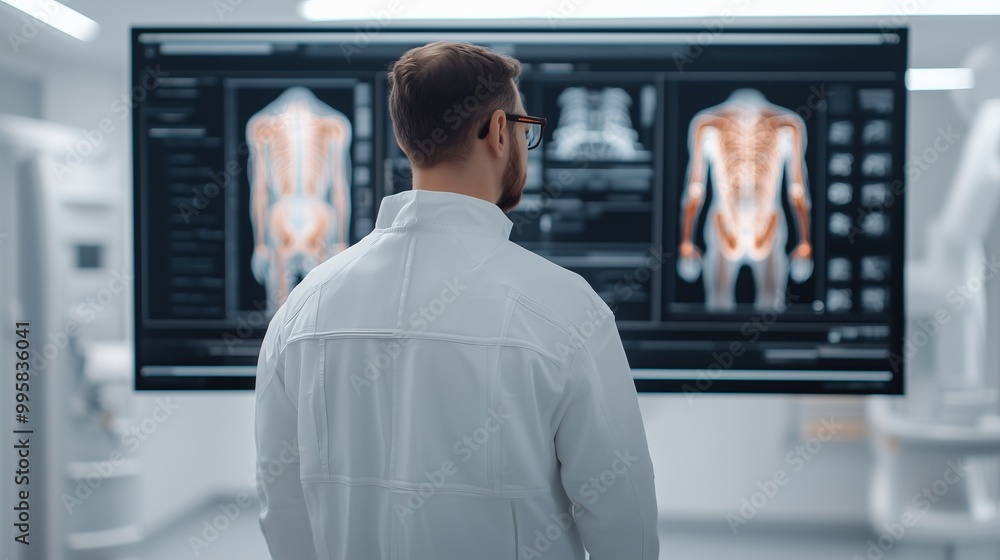 Medical Professional Analyzing Human Body Scan on Monitor Medical Professional Analyzing Human Body Scan on Monitor