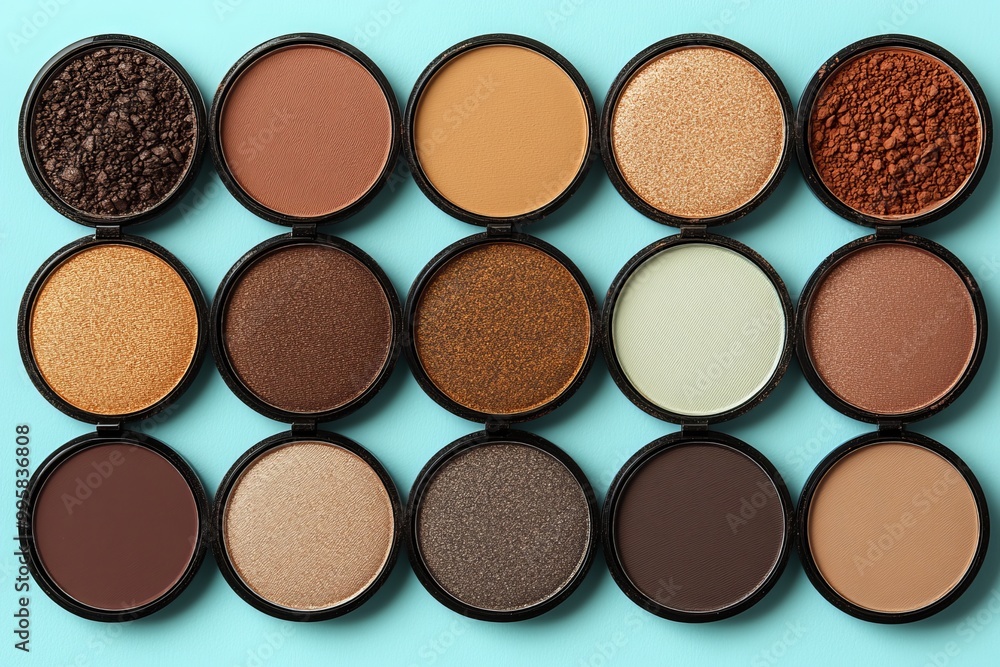 Circular neutral toned eyeshadow pans arranged on a blue background ideal for natural and warm beauty looks with a matte and shimmer finish Circular neutral toned eyeshadow pans arranged on a blue background ideal for natural and warm beauty looks with a matte and shimmer finish