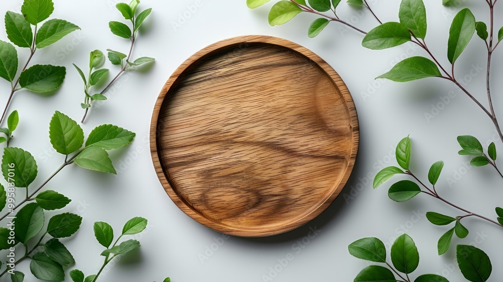 The image depicts a minimalist scene with a wooden round scene placed on a light surface. The image depicts a minimalist scene with a wooden round scene placed on a light surface.