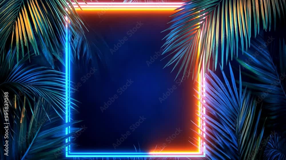 Tropical elegant frame arranged from exotic emerald leaves. Orange glow. Paradise plant, greenery chic card. Stylish fashion banner. Neon light template. All leaves are not cut. Isolated and editable Tropical elegant frame arranged from exotic emerald leaves. Orange glow. Paradise plant, greenery chic card. Stylish fashion banner. Neon light template. All leaves are not cut. Isolated and editable