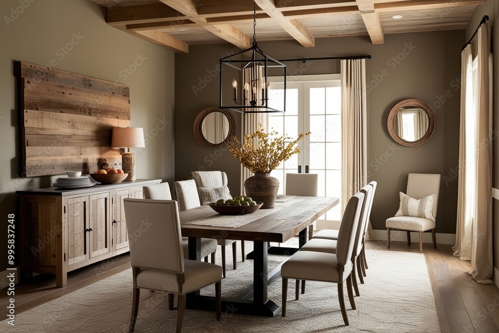 Luxe Farmhouse Dining Room with Reclaimed Wood Elements and Earthy Tones Luxe Farmhouse Dining Room with Reclaimed Wood Elements and Earthy Tones