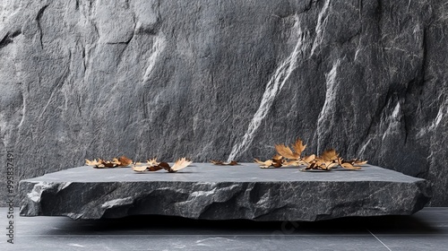 Floating stone platform with dried leaves, seamless grey background, futuristic lighting, sleek matte surface, ultra-modern product advertising, abstract natural forms