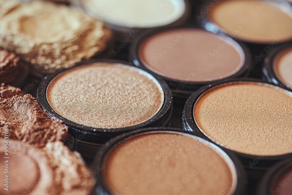Close up of shimmering beige and champagne colored highlighters in circular pans ideal for creating a soft and radiant glow for natural beauty applications Close up of shimmering beige and champagne colored highlighters in circular pans ideal for creating a soft and radiant glow for natural beauty applications
