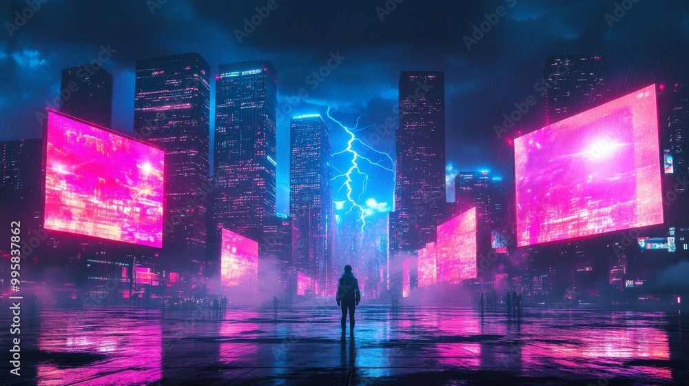 Obraz premium Futuristic cityscape with tall skyscrapers and neon lights, lightning strikes across holographic billboards, synthwave color palette, glowing neon lights