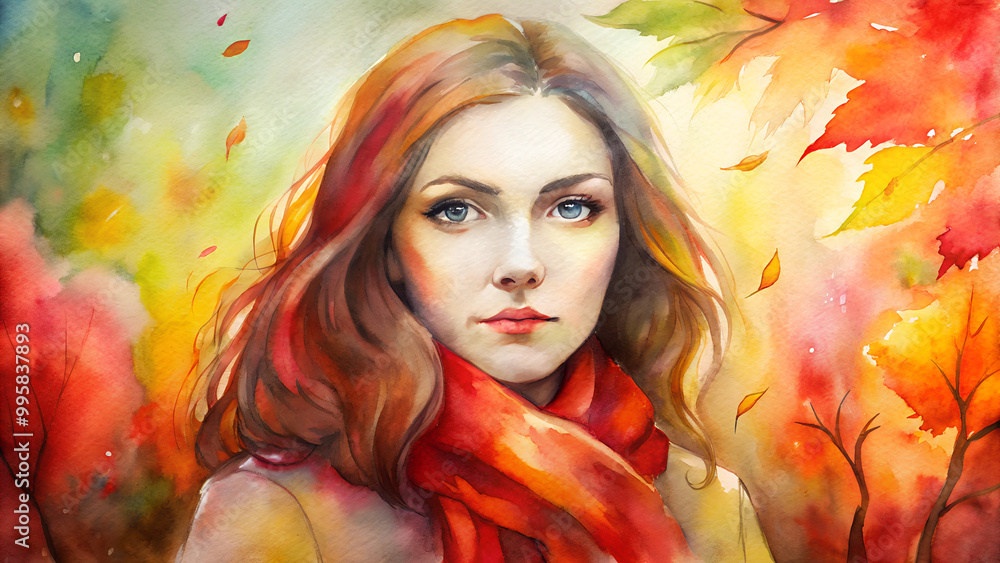 Fototapeta premium Autumn Portrait of a Beautiful Blue-Eyed Woman in Coat and Scarf Outdoors