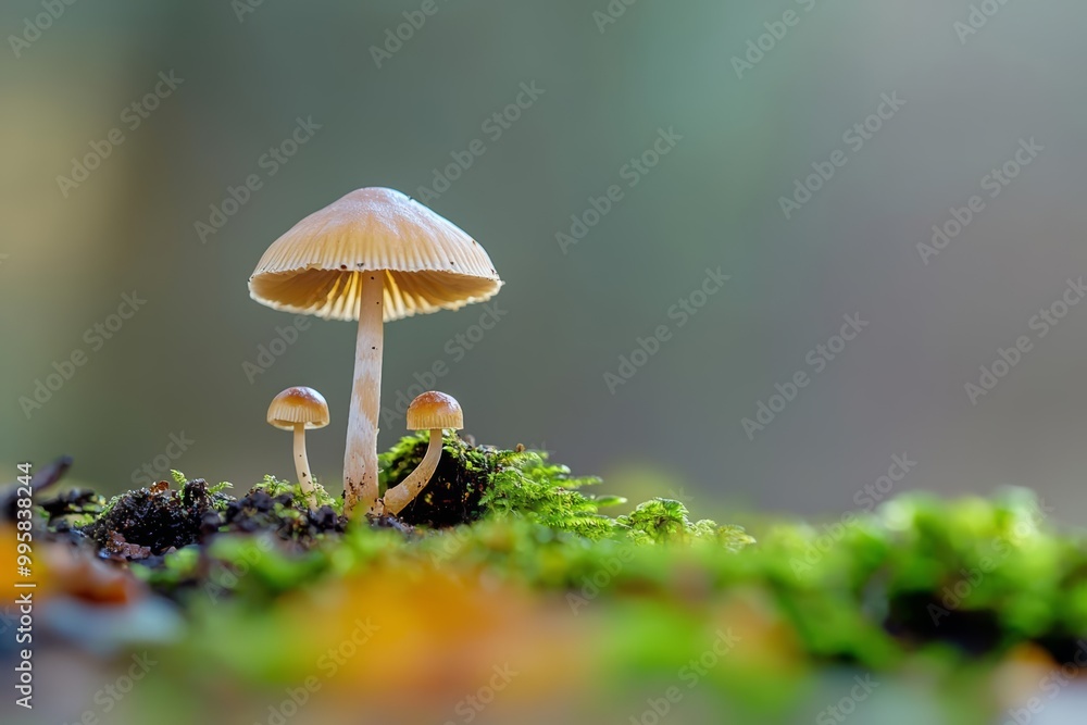 Small mushroom at forest floor during autumn , isolated on white background, , copy space for text, Small mushroom at forest floor during autumn , isolated on white background, , copy space for text,