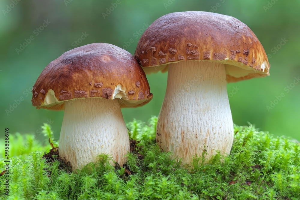Two Oak Mushrooms in the moss , isolated on white background, , copy space for text, Two Oak Mushrooms in the moss , isolated on white background, , copy space for text,