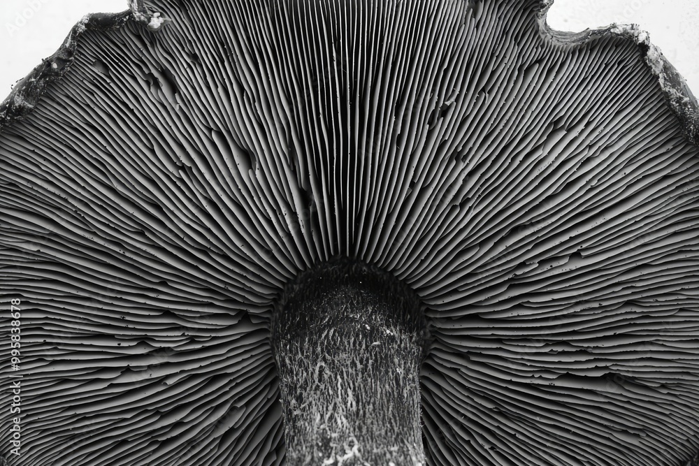 Obraz premium The underside of a Portobello mushroom from close- black and white rendering , isolated on white background, , copy space for text,