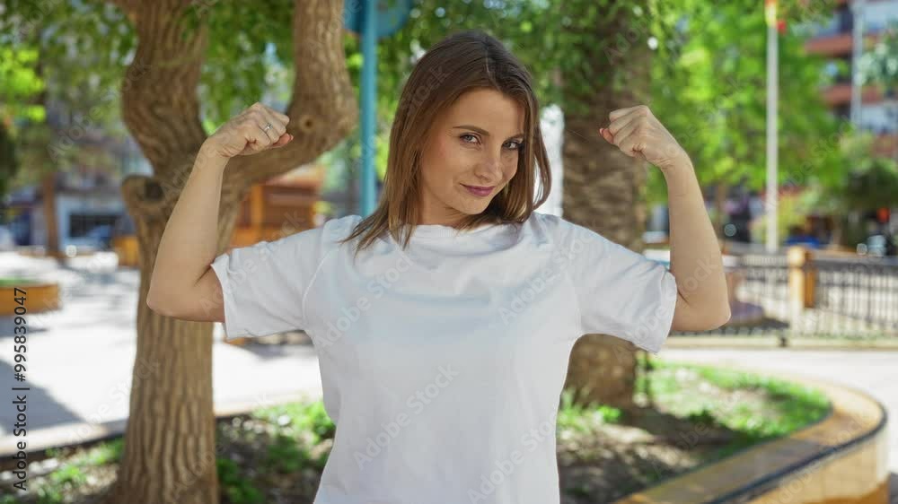 A young attractive woman in a white shirt flexing her biceps in an urban park with green trees in the background on a sunny day.