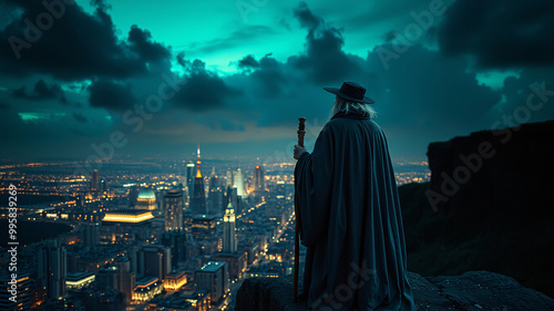 An old witch in a gray cloak holding a staff stands with her back to a cliff looking at a big city at night. The sky is full of mysterious green-black clouds,