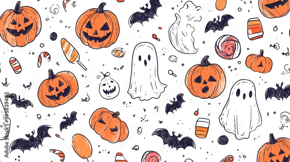 A seamless Halloween doodle with quirky pumpkins, ghosts, candy, and bats, drawn in a casual, hand-drawn sketch style. A seamless Halloween doodle with quirky pumpkins, ghosts, candy, and bats, drawn in a casual, hand-drawn sketch style.
