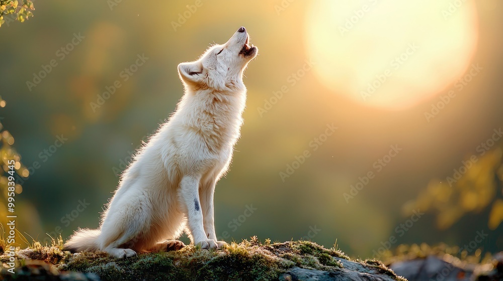 An Arctic wolf howling against a dramatic backdrop showcases its fierce beauty, capturing the intense atmosphere of the cold wilderness and embodying the themes of strength and survival. An Arctic wolf howling against a dramatic backdrop showcases its fierce beauty, capturing the intense atmosphere of the cold wilderness and embodying the themes of strength and survival.
