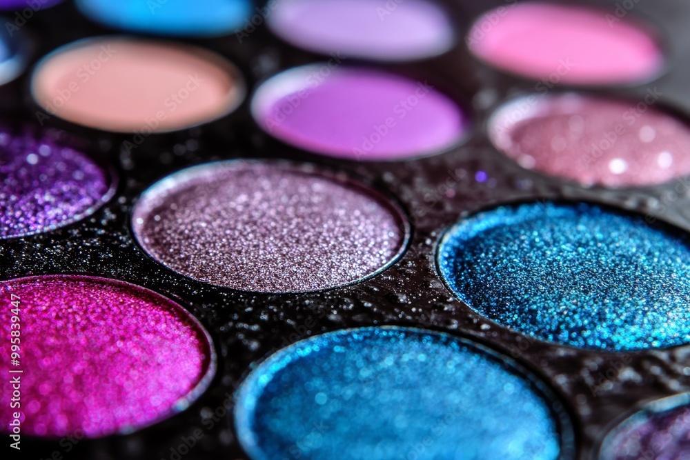 Shimmering eyeshadow palette with vibrant hues of pink blue and purple arranged in circular pans ideal for playful and creative beauty applications Shimmering eyeshadow palette with vibrant hues of pink blue and purple arranged in circular pans ideal for playful and creative beauty applications