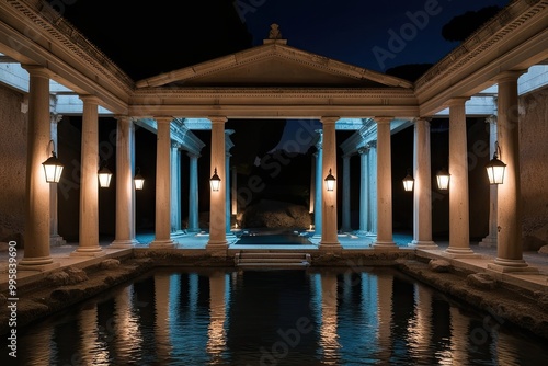 Twilight Serenity of Roman Colonnade Facade Illuminated by Lanterns in a Grotto