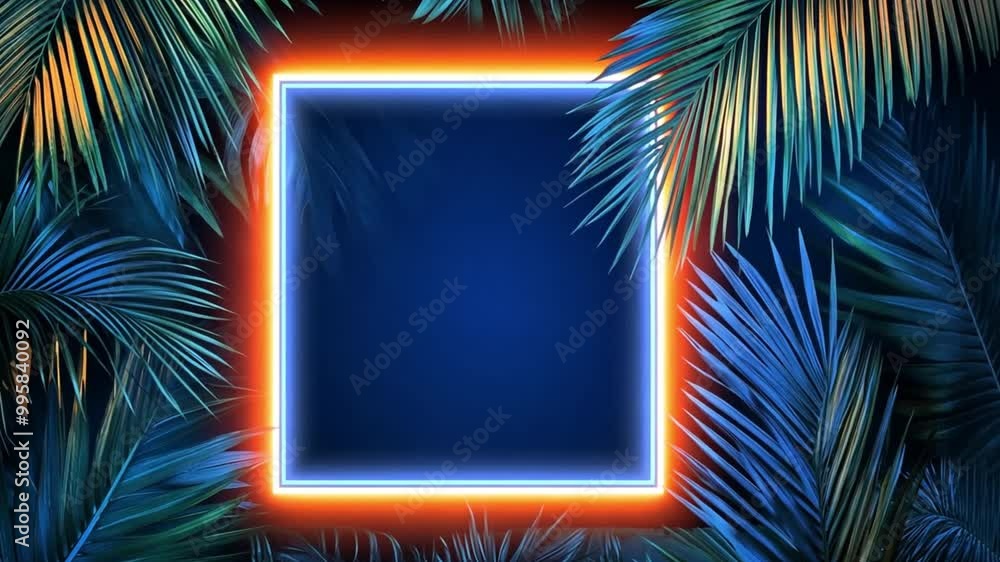 Tropical elegant frame arranged from exotic emerald leaves. Orange glow. Paradise plant, greenery chic card. Stylish fashion banner. Neon light template. All leaves are not cut. Isolated and editable Tropical elegant frame arranged from exotic emerald leaves. Orange glow. Paradise plant, greenery chic card. Stylish fashion banner. Neon light template. All leaves are not cut. Isolated and editable