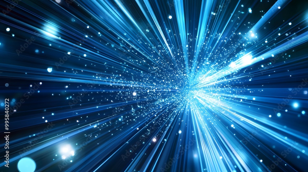 Naklejka premium Vector Abstract, science, futuristic, energy technology concept. Digital image of light rays, stripes lines with blue light, speed and motion blur over dark blue background. 