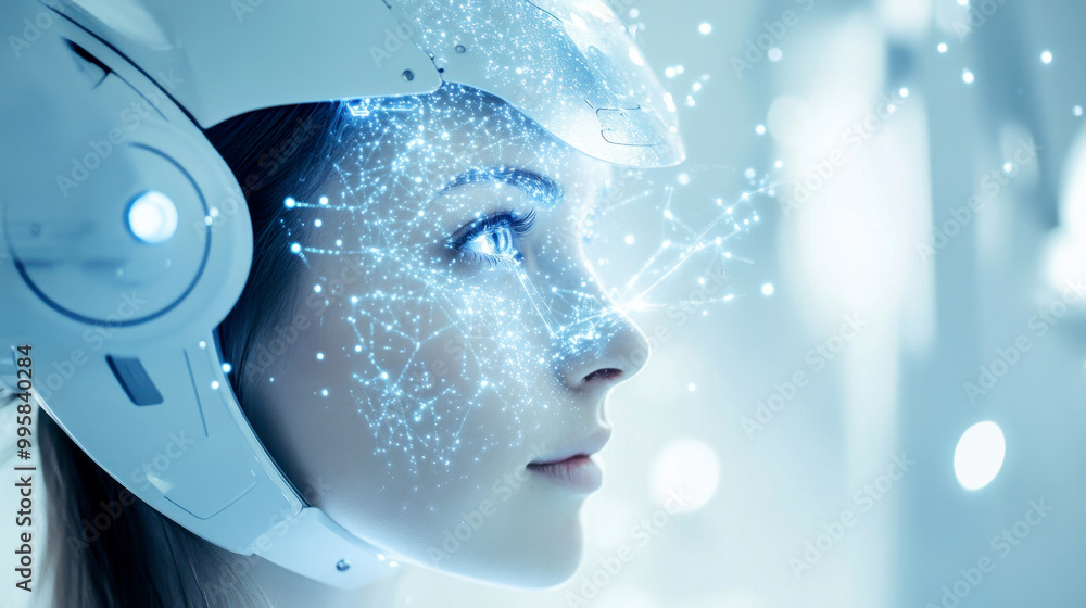 Futuristic woman in high-tech led face mask for advanced skincare, showcasing smart cosmetic procedure and glow innovation concept Futuristic woman in high-tech led face mask for advanced skincare, showcasing smart cosmetic procedure and glow innovation concept