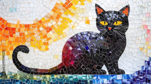 Mosaic tiles in rainbow and white depicting a black cat for Halloween, turning a symbol of superstition into a bright and modern design. photo