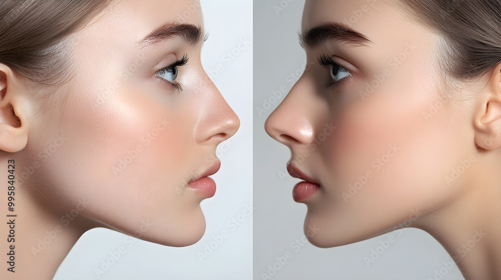 Rhinoplasty transformation showing a nose with a noticeable hump before surgery, smoothed into a refined, balanced contour post-procedure Rhinoplasty transformation showing a nose with a noticeable hump before surgery, smoothed into a refined, balanced contour post-procedure