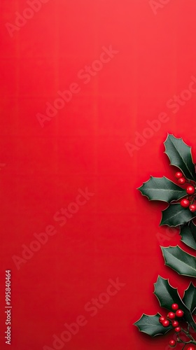 A vibrant red background is adorned with lush greenery and red ornaments, creating a festive atmosphere ideal for holiday celebrations and Christmas decor