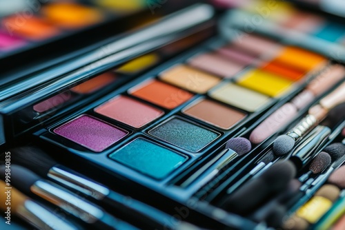 Vibrant multicolored eyeshadow palette with shades ranging from orange to green arranged with makeup brushes for bold and creative beauty applications