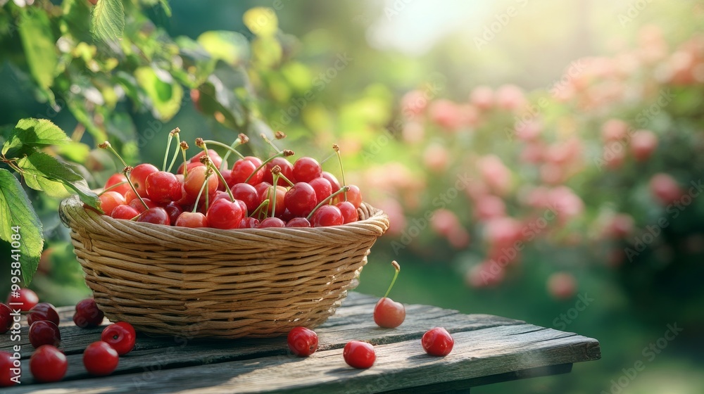 Fresh, ripe cherries in a basket resting on a wooden table in a garden
Fresh, ripe cherries in a basket resting on a wooden table in a garden