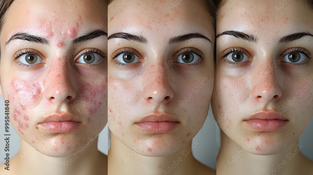 Detailed time-lapse, starting with severe acne, gradually fading blemishes, skin texture improving, showing recovery through each phase Detailed time-lapse, starting with severe acne, gradually fading blemishes, skin texture improving, showing recovery through each phase