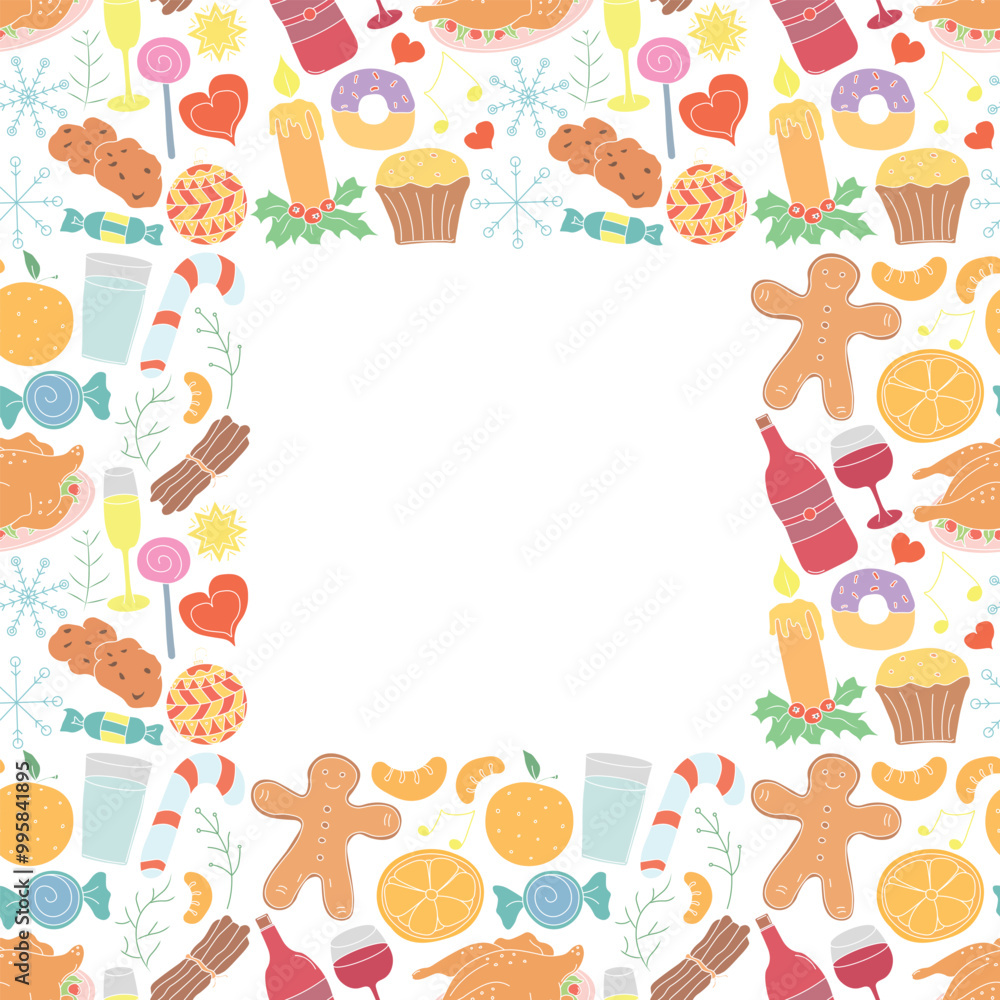 Fototapeta premium Seamless christmas frame. New year background. Doodle illustration with christmas and new year icons