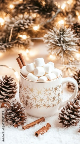 A steaming cup of rich hot chocolate filled with fluffy marshmallows sits on a table adorned with charming Christmas decorations and glowing bokeh lights that enhance the festive ambiance