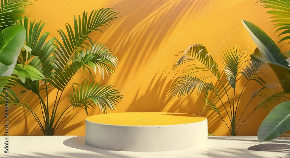 Platform Surrounded by Lush Green Palm Leaves Against a Vibrant Yellow Background Platform Surrounded by Lush Green Palm Leaves Against a Vibrant Yellow Background