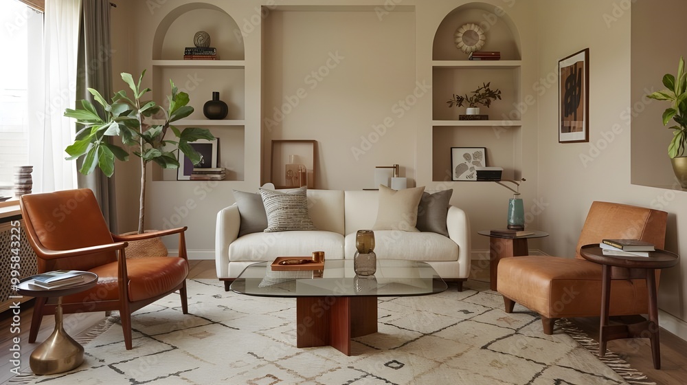 The image depicts a cozy and inviting living room with a classic, timeless aesthetic. The walls are painted a soft, calming blue, creating a serene atmosphere. A large, built-in bookshelf dominates on The image depicts a cozy and inviting living room with a classic, timeless aesthetic. The walls are painted a soft, calming blue, creating a serene atmosphere. A large, built-in bookshelf dominates on