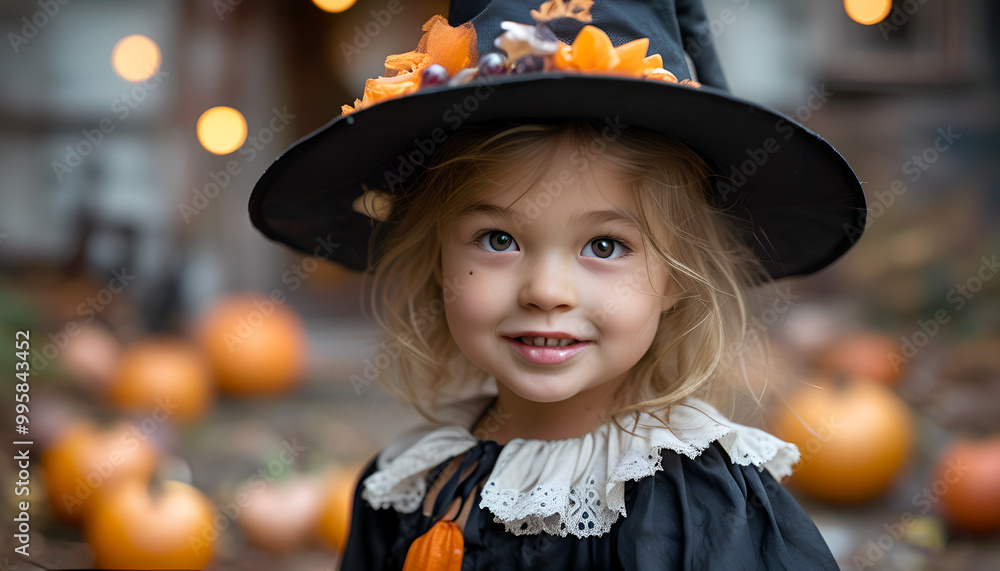 Niña sonriendo ante la llegada de Halloween. Niña disfrazada de bruja para las fiestas. Retrato de una chica rubia disfrazada. Concepto de la Noche de Brujas. Niña sonriendo ante la llegada de Halloween. Niña disfrazada de bruja para las fiestas. Retrato de una chica rubia disfrazada. Concepto de la Noche de Brujas.
