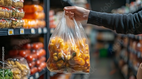 A person is holding a bag of vegetables in a grocery store. The bag is made of plastic and is filled with peppers. The scene is set in a store aisle with many other items on display