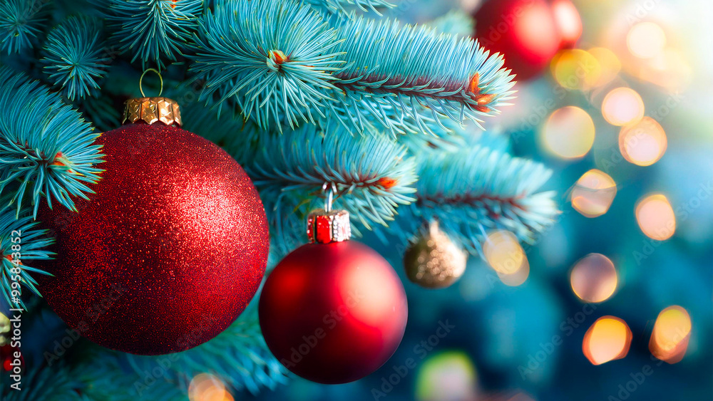 Close-Up of Christmas Tree Branches with Red Baubles. Close-Up of Christmas Tree Branches with Red Baubles.