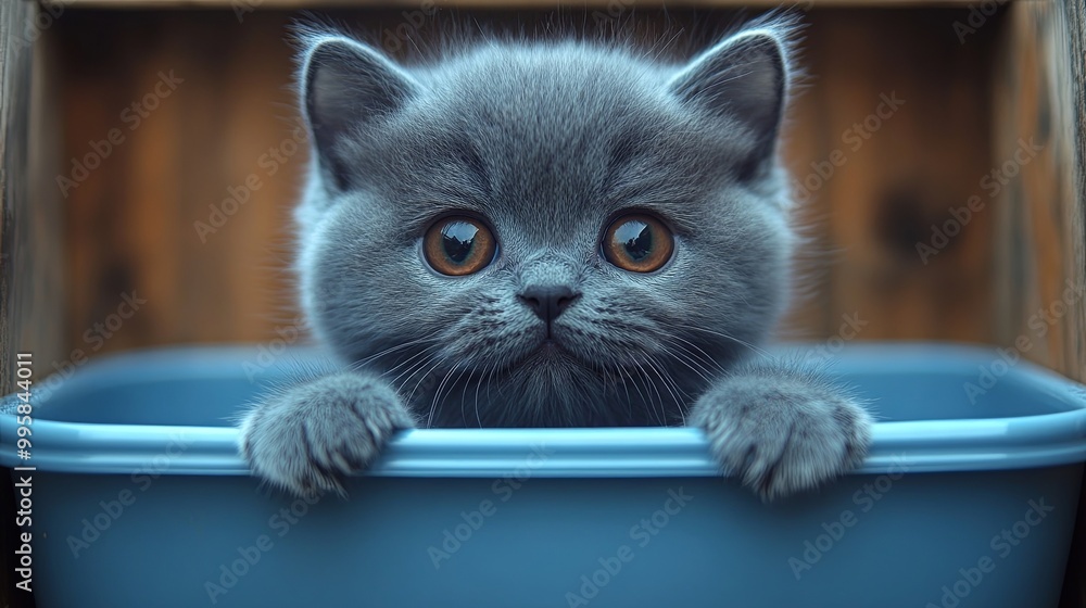Fototapeta premium A curious gray kitten peeks over the edge of a blue plastic container, its eyes wide with wonder and anticipation.
