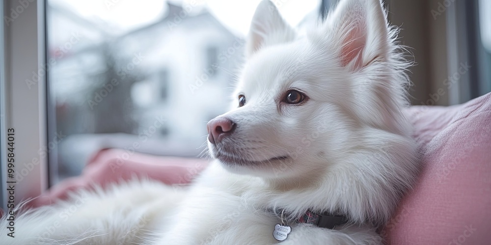 A white dog with soft fur relaxes on a plush pink cushion, gazing out the window, its eyes filled with curiosity and a gentle spirit. A white dog with soft fur relaxes on a plush pink cushion, gazing out the window, its eyes filled with curiosity and a gentle spirit.