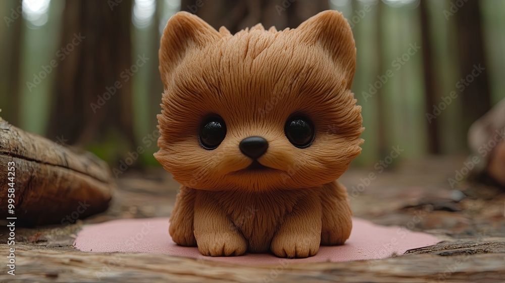 Fototapeta premium A hand-crafted figurine of a cute puppy with big eyes, sitting on a wooden surface with blurred forest background in the background.
