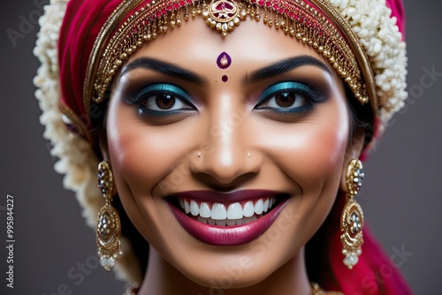 A Vivid Closeup Portrait of a Radiant Young Indian Woman with a Sparkling Smile and Impeccable Teeth