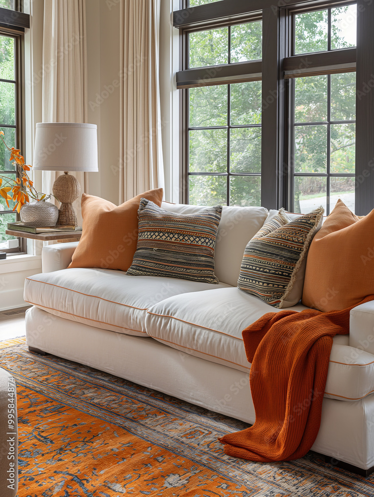Fototapeta premium Interior View of Cozy Living Room with Orange Decor and Large Windows