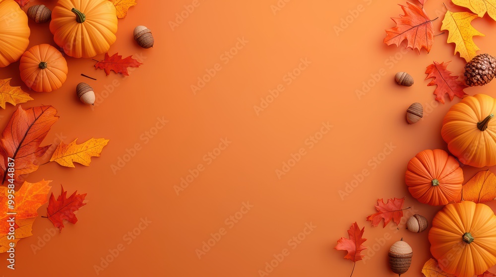 Autumn Harvest Background with Pumpkins, Leaves, and Acorns on Orange Surface Autumn Harvest Background with Pumpkins, Leaves, and Acorns on Orange Surface