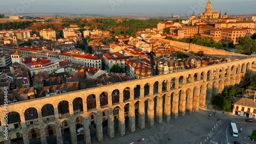 aerial Segovia, Spain, roman aqueduct of Segovia at sunrise, travel in Spain, medieval European town of Segovia in Spain, ancient architecture