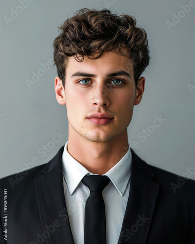 Formal portrait of a young man in a black suit, isolated on a gray background