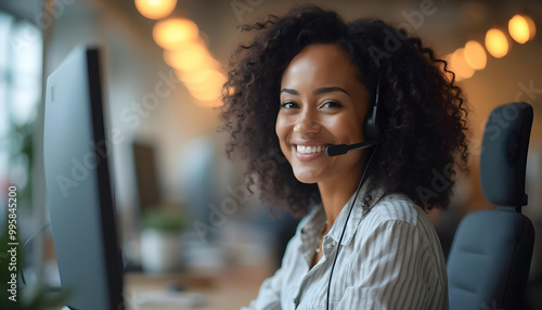 Smiling Customer Support Woman Wearing Headset in Modern Office, Professional Female Call Center Representative, Friendly Customer Service Agent, Businesswoman Using Headphones at Desk. photo