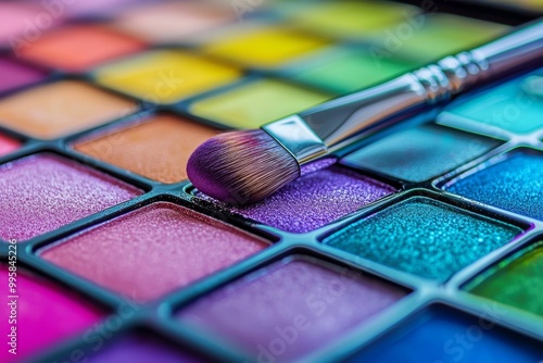 Vibrant neon colored eyeshadow palette with soft brush highlighting bold hues of pink blue yellow and green for creative artistic makeup applications photo